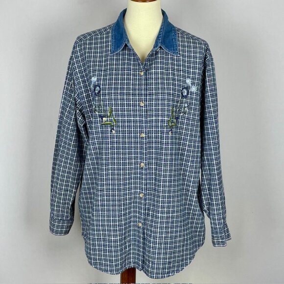 Vtg Basic Editions Top Sz L Blue Plaid Floral Embroidered Country Cabincore - Picture 1 of 7